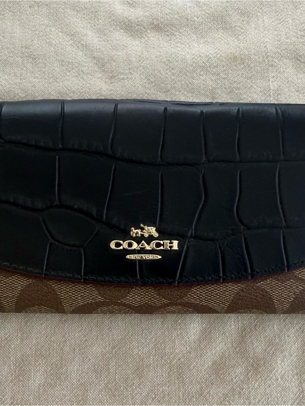 NWT Coach Signature Canvas Slim Envelope Wallet with Black Croc-Embossed Trim
